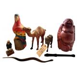 WOODEN CARVED ITEMS: PARROT, CAMEL, SEA CAPTAIN, SNAKE, BAMBOO LAUGHING BUDDHA; SMALL PLASTIC INSTRUMENT; COMPOSITE CAMEL