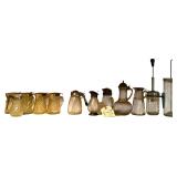 ASSORTMENT OF ANTIQUE GLASS SYRUP PITCHERS, VINTAGE CHOPPER, WESSON OIL MAYONNAISE GRINDER