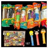 10 VINTAGE COLLECTIBLE PEZ DISPENSERS - 7 NEW IN PACKAGING; SMALL ASSORTMENT OF DECORATIVE GLASS CANDIES