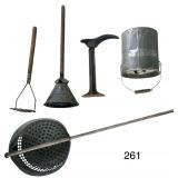 VINTAGE COAL/ASH SIFTER, VINTAGE GALVANIZED HANDLED BUCKET W/ LID, BIG BOY USA CAST IRON SHOE COBBLER TOOL, LARGE MASHER, VINTAGE LAUNDRY PLUNGER