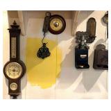 CAST IRON EGG TIMER, 2 TIN MATCH HOLDERS, 2 BAROMETERS, C. FORSCHNER’S ANTIQUE FISH SCALE PAT. JULY 9 1889, CAST IRON MATCH HOLDER, 2 WALL SCONCES
