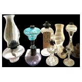 ASSORTED GLASS OIL LAMPS AND OIL LAMP PARTS