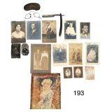 2 ANTIQUE TIN TYPES, ASSORTMENT OF VINTAGE POSTCARD PHOTOS, VICTORIAN PHOTO ALBUM, STRAIGHT RAZOR, PAIR OF ANTIQUE SPECTACLES