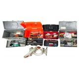 4 TOOL BOXES W/ ASSORTMENT OF TOOLS TO INCLUDE PIPE WRENCHES, SCREWDRIVERS, RETRACTABLE MEASURING STICK, COMBO WRENCHES, ETC.