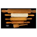 4 VINTAGE ROLLING PINS - 3 WOODEN, 1 MARBLE; VINTAGE WOODEN HAND MASHER