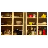 LARGE ASSORTMENT OF CUPS, MUGS, DISHES, CORNING WARE, BOWLS, CAT DISHES, OTHER GLASSES, SILVERWARE, MISCELLANEOUS KITCHEN UTENSILS, TOOLS, ETC.