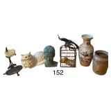 LOT OF LARGE DECORATOR ITEMS TO INCLUDE CAT, LARGE ORIENTAL VASE, BUST, BIRDCAGE, ANTIQUE CROCK (CRACKED)