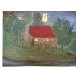 LARGE REVERSIBLE PAINTINGS ON BOARD: 1 SIDE LOG CABIN, 1 SIDE QUILT PATTERN - APPROX. 30.25” X 39.75”
