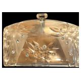 VINTAGE LUCITE PURSE WITH RHINESTONES, SOME SURFACE SCRATCHING & WEAR ON METAL PARTS, INSIDE INSERTS INTACT