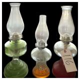 VINTAGE RIDSON MFG CO. GLASS OIL LAMP, VINTAGE LAMPLIGHT FARMS OIL LAMP, DORSET GREEN GLASS BASE OIL LAMP (GREEN PEELING/AS-FOUND)