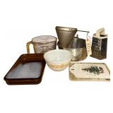 PYREX BAKING DISH, PYREX MIXING BOWL, LARGE MEASURING GLASS, GRATER, GLASS TRIVET, SIFTER, BUNDT CAKE PAN