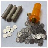 3 ROLLS OF JEFFERSON NICKELS: 2 MARKED 1964, 1 MARKED 1961; OTHER LOOSE NICKELS FROM THE 1950’S; 7 NEWER NICKELS