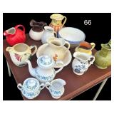 LOT OF 10 PITCHERS TO INCLUDE MCCOY BOWL AND PITCHER, OTHER MCCOY PITCHER J&G MEAKIN ENGLAND W/ MATCHING CREAM AND SUGAR, MIRIAM OVERTON POTTERY, AND OTHERS; GERMAN STYLE MIXING BOWL (MARKED OHIO USA)