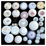 NICE ASSORTMENT OF CHINA PLATES, CUPS, AND SAUCERS TO INCLUDE CUNNINGHAM AND PICKETT, HOMER LAUGHLIN, GOLDEN ROSE FINE CHINA, CHELSEA, AND MANY MORE; SIX ALUMINUM GEESE COASTERS; FOUR POTTERY COASTERS