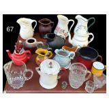 LARGE LOT OF ASSORTED PITCHERS TO INCLUDE GIBSON, EDC, HALL’S TILTED, 2 ENAMEL WARE - 1 W/ MATCHING MUG, CLEAR IRIS & HERRINGBONE SMALL CREAM PITCHER, MCCOY (NO LID), CERAMIC, UNIVERSAL CAMBRIDGE MA