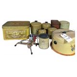 LOT OF VINTAGE TIN ITEMS: CAKE SERVER, ANDROCK SIFTER, 4-PIECE CANISTER SET, TELEFLORA MEASURING CUP, CRYSTAL CANE SUGAR CONTAINER, COUNTRY STYLE BREAD BOX, FLOUR BIN; MOULI-SHREDDER MADE IN FRANCE