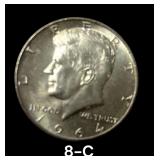 1964 U.S. KENNEDY SILVER HALF DOLLAR, GOOD LUSTER AND DETAIL