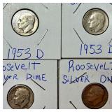 4 SILVER ROOSEVELT DIMES: 3 1053-D, 1 1956