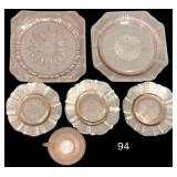 LOT OF DEPRESSION GLASS: PINK ADAM DINNER PLATE, PRINCESS DINNER PLATE, 6 AMERICAN SWEETHEART DESSERT PLATES, NORMANDIE BOUQUET AND LATTICE MUG, FINE RIBBED PINK BOWL, CABBAGE ROSE PINK BOWL, MAYFAIR 