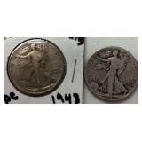 TWO U.S. WALKING LIBERTY SILVER HALF DOLLARS, BOTH WARTIME 1943