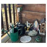 FRONT PORCH CORNER LOT: BIRDHOUSE, WATERING CANS, PLANTER AND STAND, GARDEN STONES, HANGING GREEN JAR