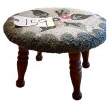 VINTAGE HOOKED STOOL WITH WOODEN LEGS; LEGS LOOSE/SCREWS NEED TO BE TIGHTENED