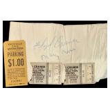 NAPKIN SIGNED BY FLOYD AND MARY CRAMER, 2 FLOYD CRAMER KNOXVILLE CIVIC AUDITORIUM-COLISEUM 1980 TICKET STUBS, VINTAGE KCAC PARKING PASS
