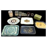 5 VINTAGE TOLEWARE TRAYS: 1 DAHER, 1 BLACK W/ BIRDS ORIENTAL SCENE, 1 LARGE W/ AUTUMN SCENE, 1 MINIATURE FLORAL, 1 OTHER; OTHER COMPOSITE HAND-PAINTED ROOSTER TRAY; SMALL ASSORTMENT OF SEWING NOTIONS;