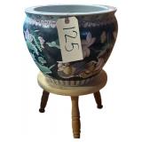 ORIENTAL JARDINIERE W/ 3-LEGGED WOODEN STOOL