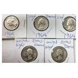5 U.S. WASHINGTON SILVER QUARTERS: 1935, 1939, 3-1964