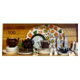 SMALL DRIP PATTERN CREAM PITCHER, SMALL TEAPOT (NO LID), HALL TEAPOT (NO LID), HANDMADE IN ENGLAND TEAPOT W/ LID, GLASS HOLLY PATTERN PLATES, BATTERY OPERATED KITCHEN CLOCK, PAIR OF CERAMIC SALT AND P