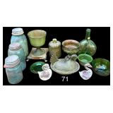 LOT OF VINTAGE GLASSWARE: GREEN HEN ON NEST, 2 CLEAR GLASS SWAN PAPERWEIGHTS, FOREST GREEN GLASS FOOTED COMPOTE, FOREST GREEN JAR W/ LID, 3 BLUE BALL CANNING JARS, GREEN GLASS LIQUOR DECANTER, OTHER G