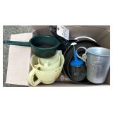 BOX LOT OF ASSORTED COOKWARE: GREEN SPECKLE PATTERN ENAMEL WARE POT, TUPPERWARE TALL MEASURING MUG, 2 OTHER PLASTIC MEASURING CUPS, CHOPPER, INGENIO ARMARALL SKILLET, ETC.