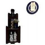 BATHROOM LOT: SMALL CORNER CABINET, SMALL BLUE WILLOW PLATES, AND OTHER ITEMS AS SHOWN