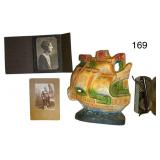 VINTAGE CARNIVAL PRIZE CHALK SHIP DOOR STOP, ANTIQUE SPECTACLES, VINTAGE PHOTOS