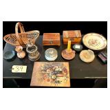 WICKER BASKET, TWO WOODEN BOXES, SMALL STONE VASE, METAL ART BIRD CAGE, TWO STONE SOAP DISHES, ADVANCE ALARM CLOCK, WOODEN FLORAL PRINT, CANDLE HOLDER, ETC.