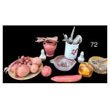 COMPOSITE FRUIT DISPLAY, WOODEN BRAIN TEASER PUZZLE, WOODEN PLATE (APPEARS TO BE HAND PAINTED), CLEAR GLASS JUICER, MATCHING SALT AND PEPPER SHAKERS, SMALL ASSORTMENT OF KITCHEN UTENSILS, NUTCRACKER S