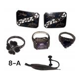 STERLING SILVER LOT: 3 RINGS (2 WITH PURPLE AMETHYST STYLE STONES), 1 ODD EARRING - PAIR OF EARRINGS WEIGHS 22 GRAMS/0.71 TROY OZ