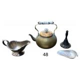 VINTAGE COPPER TEAPOT WITH DELFT BLUE CERAMIC HANDLE, SILVER PLATE GRAVY DISH, CAST IRON BELL, SMALL ALUMINUM SCOOP
