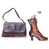 VINTAGE VICTORIA LEATHER BOOT, VINTAGE LEATHER BAG, VINTAGE PAINTED MATCHBOX HOLDER