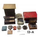 MUSICAL JEWELRY BOX, PIN DISHES, SMALL WOOD JEWELRY BOXES, OTHER BOXES, SMALL AMOUNT OF COSTUME JEWELRY