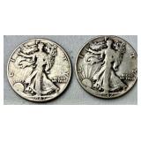 TWO U.S. WALKING LIBERTY SILVER HALF DOLLARS, WARTIME 1942