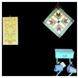 VINTAGE METAL MAILBOX, PAINTED WALL HANGINGS, PARTIAL SEWING MACHINE BASE