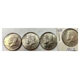 LOT OF 4 U.S. KENNEDY HALF DOLLARS: 1 1966, 3 1968 40% SILVER