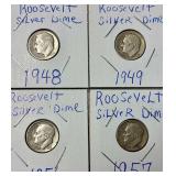 4 SILVER ROOSEVELT DIMES: 1948, 1949, 1956, 1957