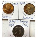 TWO U.S. SACAGAWEAN 2000-D DOLLAR COINS, 1 U.S. SUSAN B. ANTHONY DOLLAR 1980