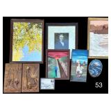 WOODEN FRAMED MIRROR, HAND PAINTED CATTLE GIRL ON BOARD, TWO WOOD CARVED FRUIT DESIGN PANELS, HAND PAINTED SNOWY CABIN ON WOOD, THREE FRAMED PRINTS