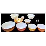 4 PATTERN PYREX MIXING BOWLS, 2 RIBBED FIRE-KING MIXING BOWLS, FIRE-KING RAMEKIN, FIRE-KING BAKING DISH, IRIDESCENT FIRE-KING BOWL