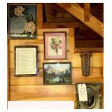 2 FLORAL PRINTS, SMALL RIVER SCENE MOUNTAINSIDE PRINT, INSPIRATIONAL WALL HANGER, SMALL MIRROR IN ORNATE FRAME