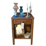 ONE DRAWER WOODEN STAND WITH MARBLE TOP W/ CONTENTS TO INCLUDE BLUE OPALESCENT GLASS, BLUE PATTERN GLASS VASE AND CANDLEHOLDER, OTHER CANDLEHOLDERS, ETC.